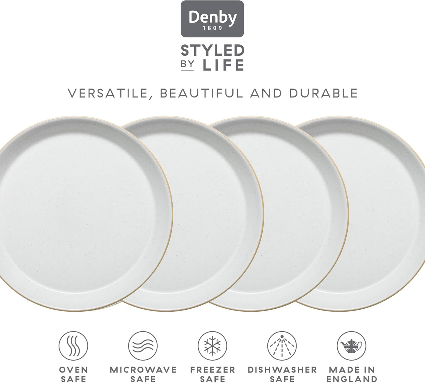 Denby - Impression Mixed Color Medium Plates Set of 4-8.25" Dishwasher Microwave Safe Crockery - Ceramic Stoneware Tableware Plates For Lunch & Salad - Pink, Cream, Blue & Black