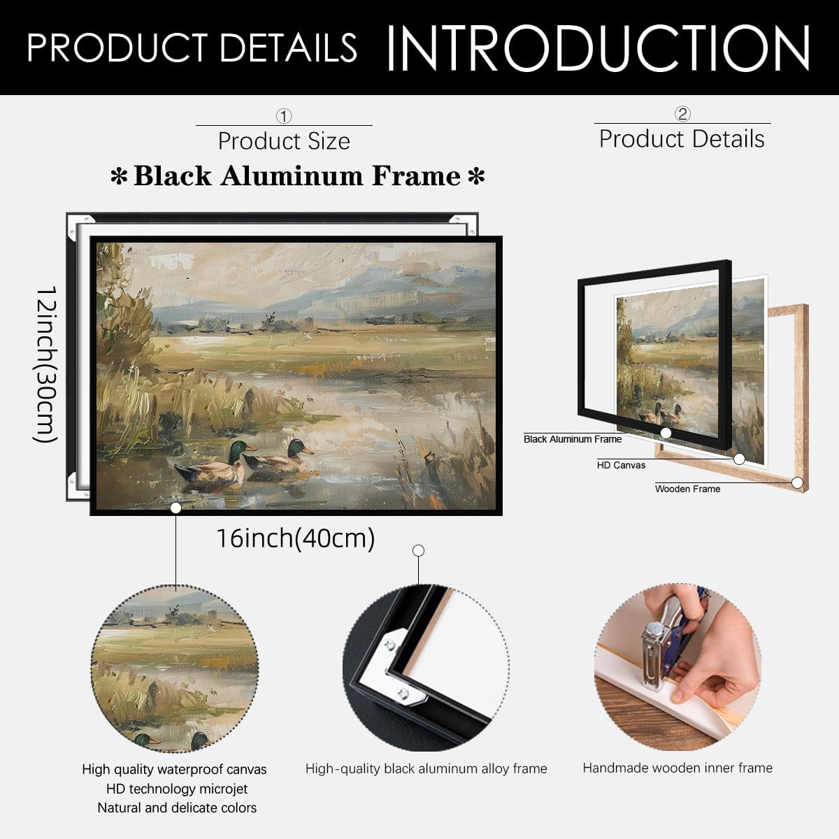 Mallard Duck Pond Poster Animal Farmhouse Canvas Wall Art Vintage Duck Painting Oil Painting 12x16 inch Black Framed Bird Hunter Gift for Rustic Cabin Nursery Wall Decor