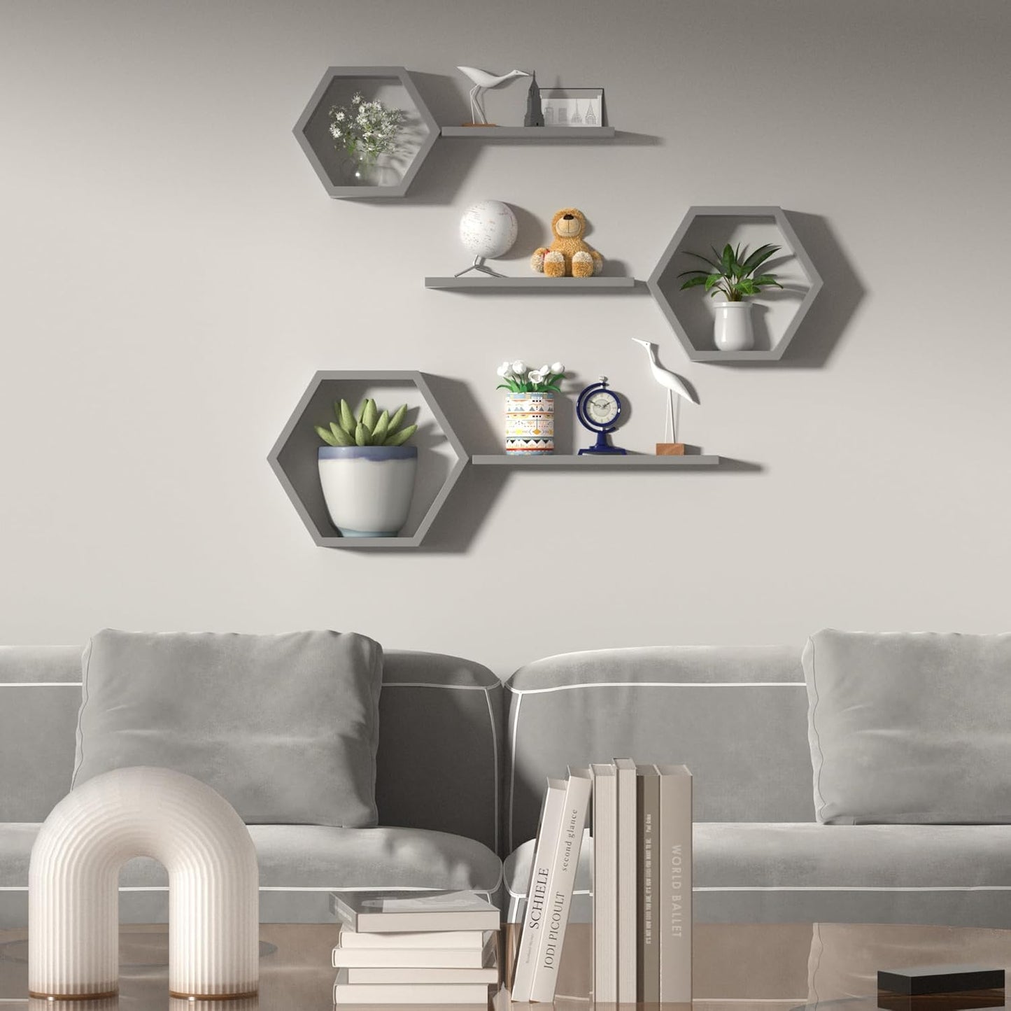 Hexagon Floating Geometric Honeycomb Shelves - Hexagon Floating Shelves Wall Mounted, Honeycomb Wall Shelves Set of 6, Geometric Floating Shelves for Wall Decor, Grey Honey Comb Shelves for Home