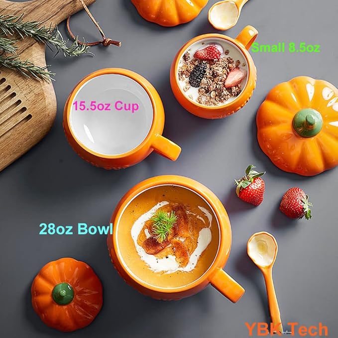 YBK Tech Cute Pumpkin Cup, Ceramic Coffee Mug, Tea Cup with Lid and Spoon (15.5oz)