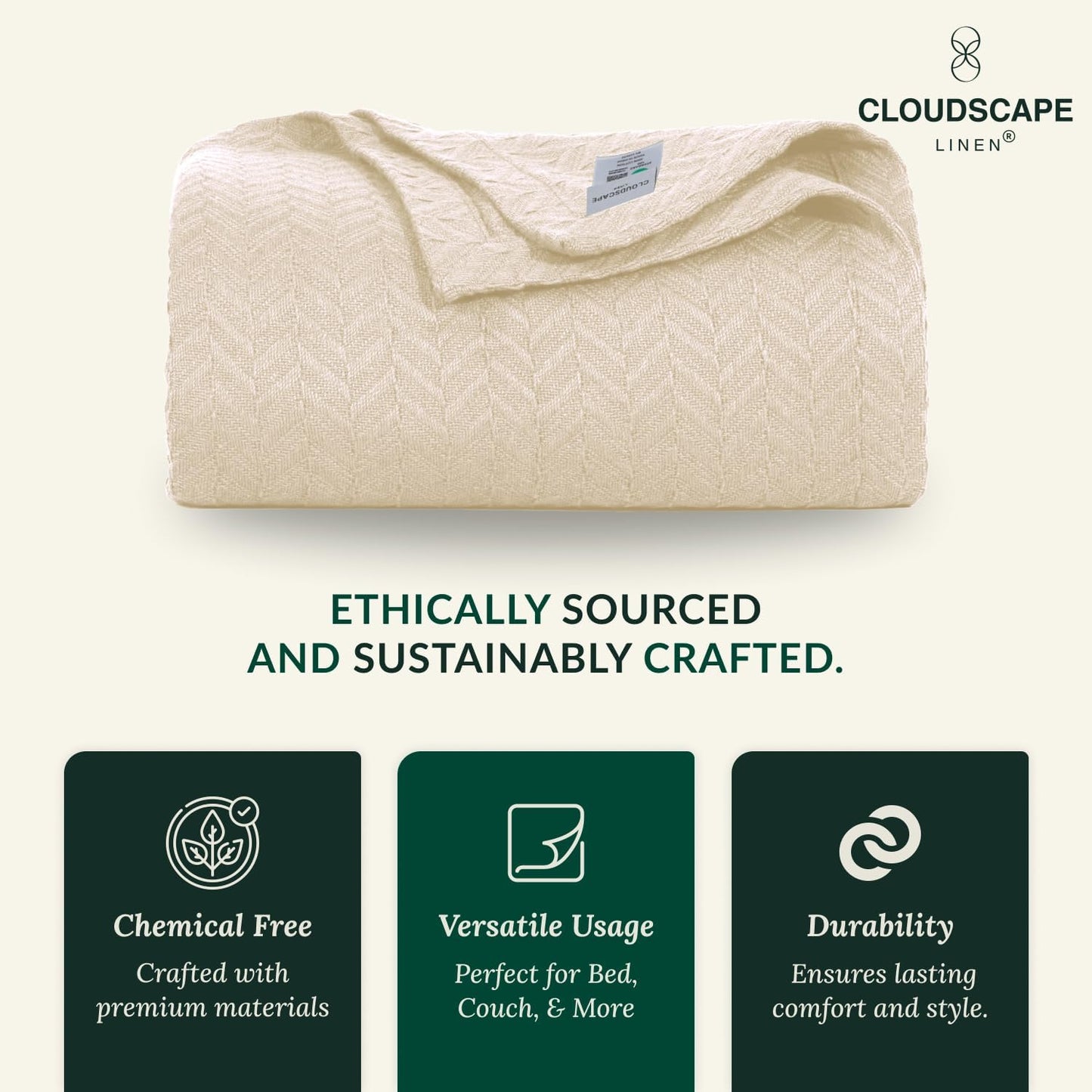 Cloud Scape Linen Herringbone Cotton Throw Blanket for Couch, Bed,Sofa, Home Decor, Soft, Lightweight, All-Season Bed Blanket, 50 x 70, Ivory