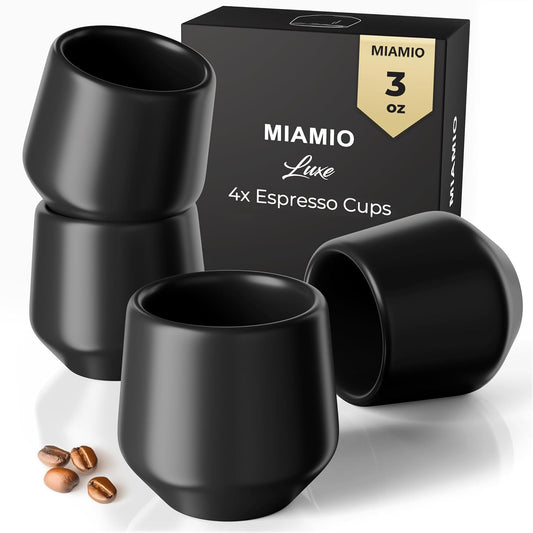 MIAMIO - Espresso Cups Set of 4 (3 oz) / Espresso Cup, Ceramic Espresso Cups, Handleless Mug, Japanese Tea Cups - Luxe Collection (Black)