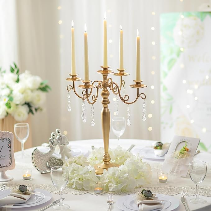 Sziqiqi Wedding Candelabra Table Centerpiece: 5 Arm Candelabras for Candlesticks - Gold Candle Holder Set of 2 for Christmas Engagement Birthday Party Event