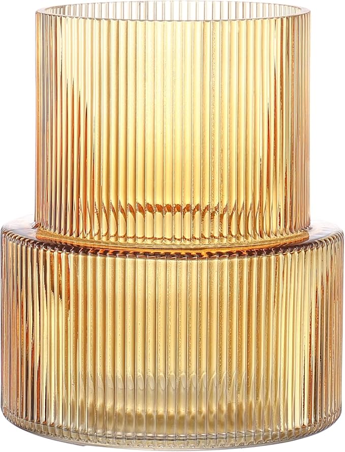Amber Glass Vase, Ribbed Glass Vase for Tulips, Flower Vases for Bouquet, Amber Modern Vases for Living Room, Dining Table, Entryway, Mantle, Shelf, Wedding, Office, 7.5 Inches