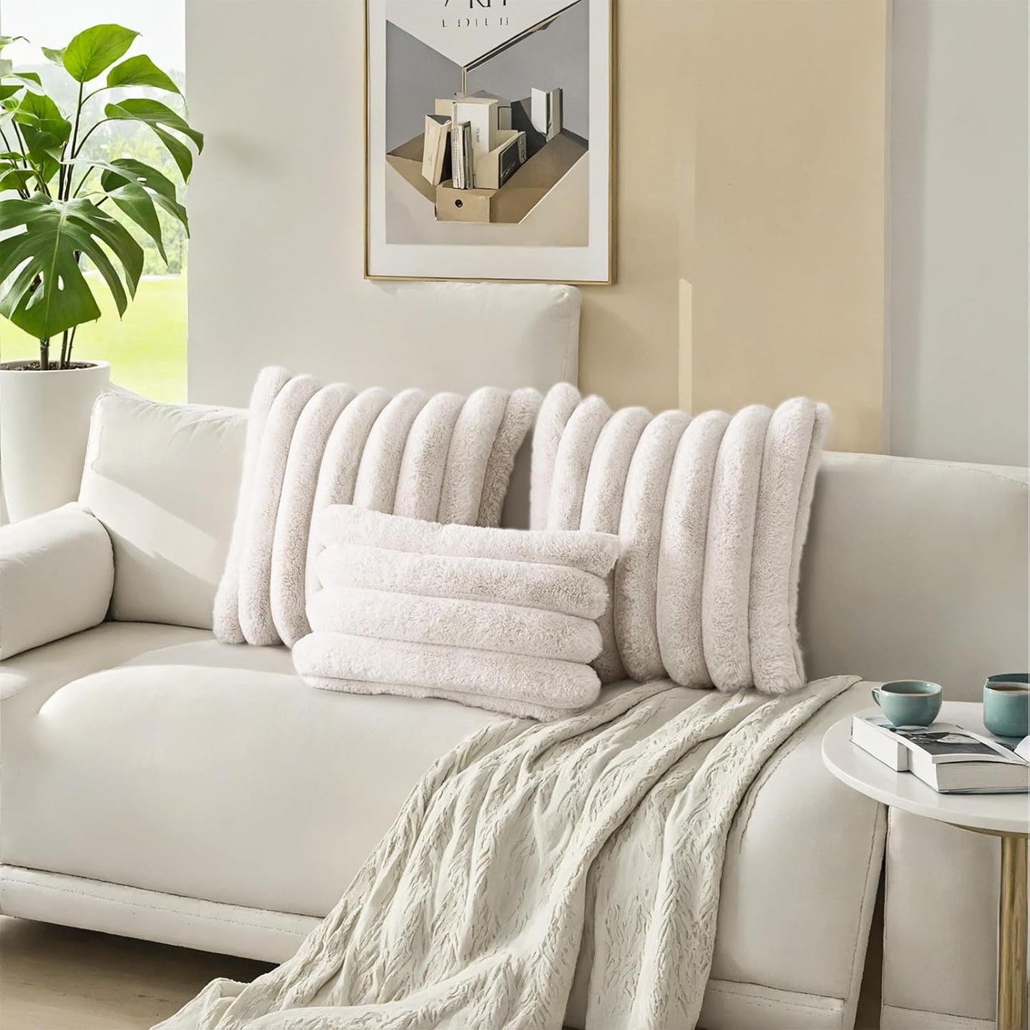 HAUSSY Faux Fur Throw Pillow Covers 22x22 Inch Set of 2,Decorative Striped Neutral Pillow Cases Soft Plush Couch Pillow Covers,Home Decor for Sofa,Bed, Living Room,Beige