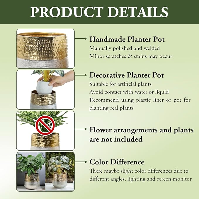 MyGift Round Two-Toned Indoor Planter Pot, Hammered Brass and Milled Embossed Silver Tone Metal Planter Vase, Set of 2 - Handcrafted in India