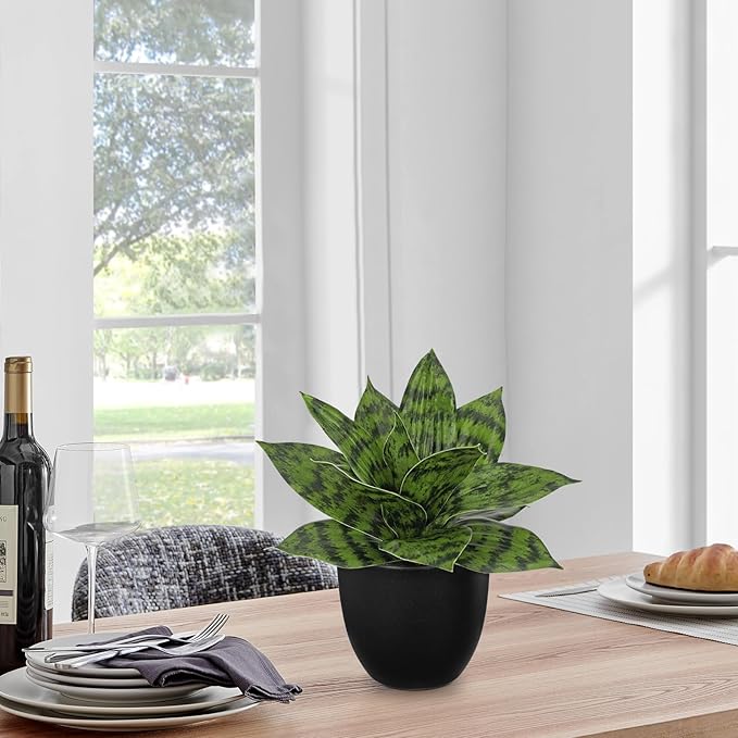 Hollyone Artificial Snake Plants 9" Faux Agave Succulent Plant Potted in Black Pot Fake Sansevieria Aloe Tropical Plant for Desk Modern Office Home Bathroom Indoor Outdoor Decor