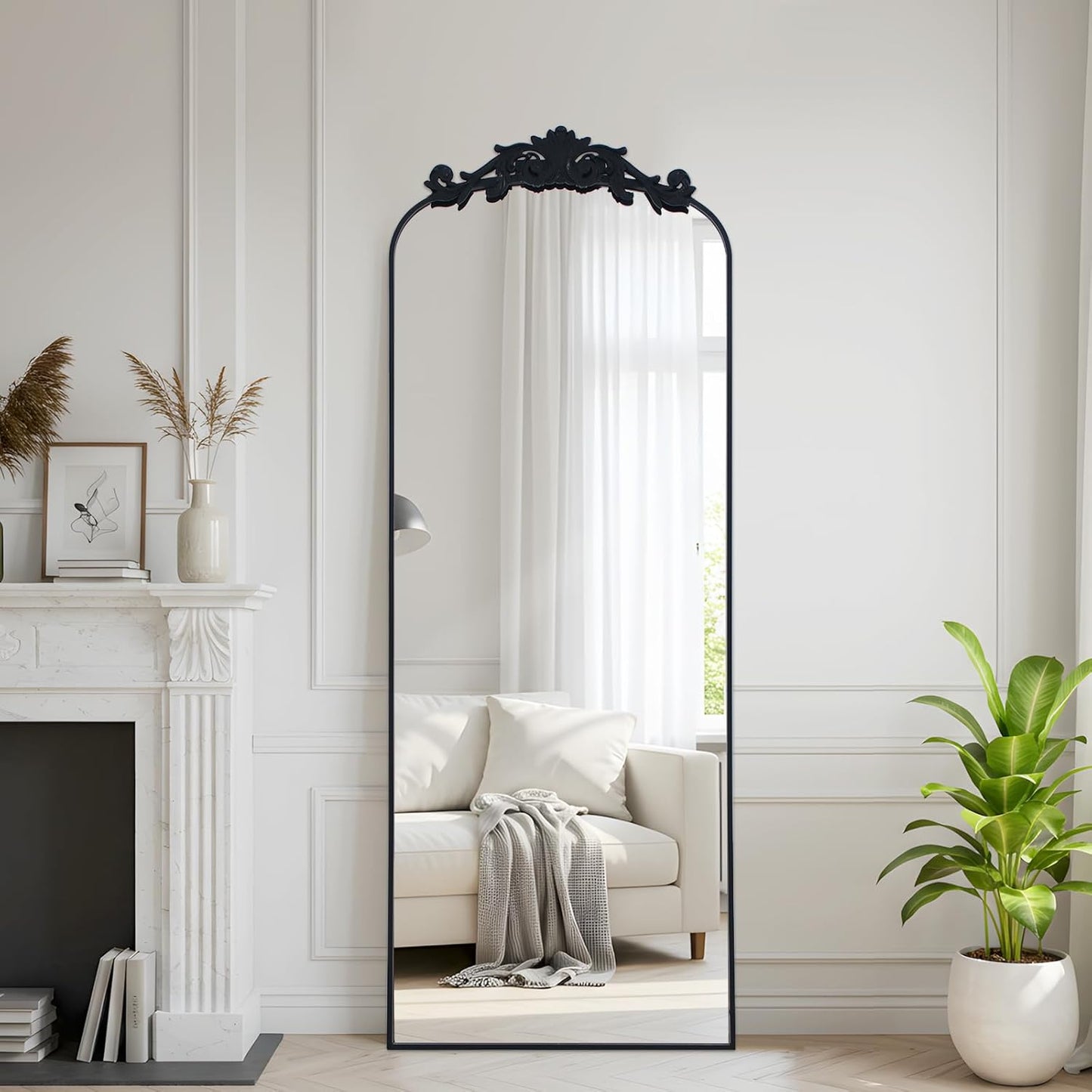 Filigree Floor Mirror 58"x18" Full Length Freestanding with Vintage Ornate Carved Applique Full Body Mirror Hanging Wall Mounted for Living Room Bedroom Retor Home Decor Mirror, Black