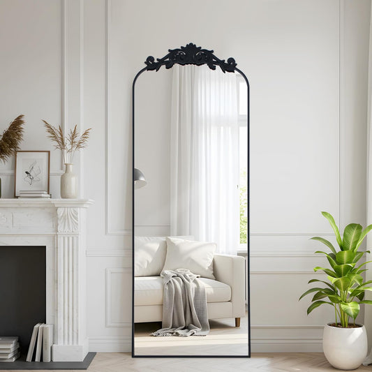 Filigree Floor Mirror 58"x18" Full Length Freestanding with Vintage Ornate Carved Applique Full Body Mirror Hanging Wall Mounted for Living Room Bedroom Retor Home Decor Mirror, Black