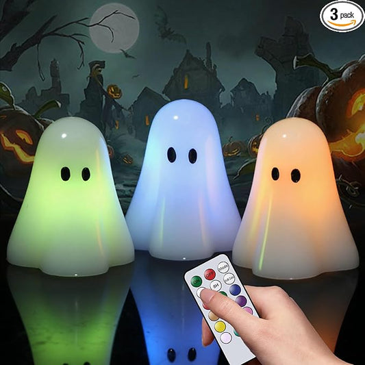 Wondise Halloween Flameless Candles Color Changing with Remote Timer, Real Wax Battery Operated Flickering Halloween Spooky Ghost Candles for Halloween Decoration Gift （D 3" x H 3.5"）
