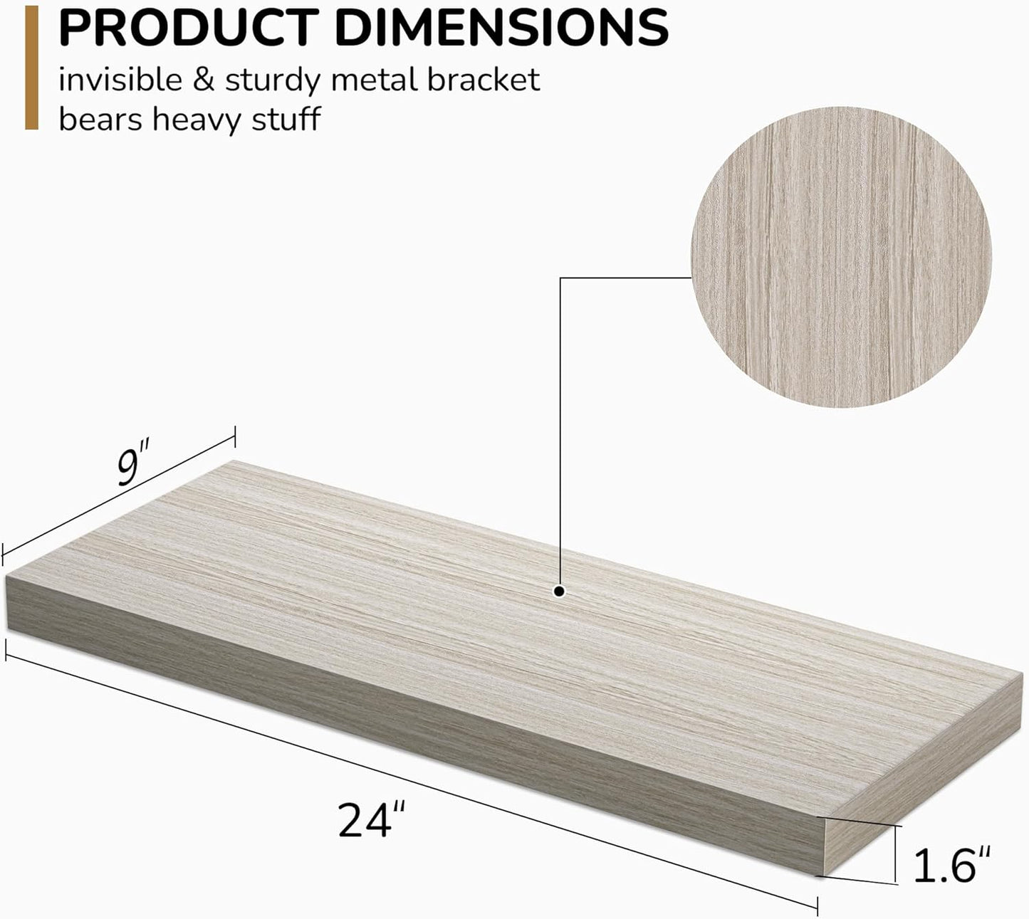 Floating Shelves - 24 Inch Rustic Wooden Wall Shelves - Extra Deeper & Thicker Wall Mounted Storage Shelf for Living Room, Kitchen, Farmhouse - 24" W x 9" D x 1.6" H - Rustic Grey, 2 Pack