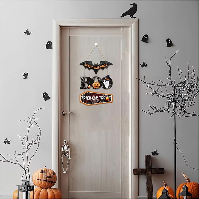 HOURIA Happy Halloween Wooden Sign(11.4”x14.6”),Halloween Boo Wall Decor,Cute Ghost Black Cat Pumpkin Door Hanger,Trick or Treat Wall Hanging Door Sign for Party Front Door Home Indoor Outdoor Yard