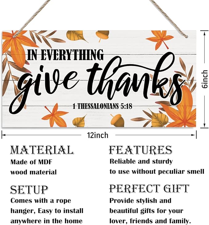 Thanksgiving Decor, Decorative Wood Hanging Wood Plaque, Scripture Decor Art, Hanging Sign with Leaves, Fall Decorations for Home, Bible Verse Sign, 1 Thessalonians 5:18 - In Everything Give Thanks