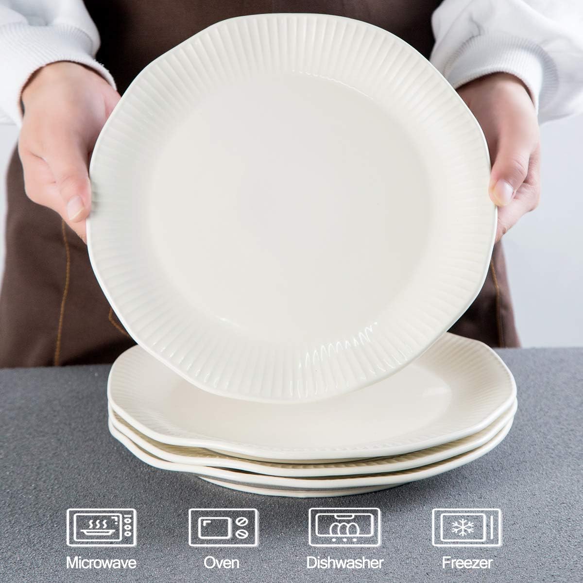 Hasense Dinner Plates, 10 Inch Ceramic Dishes Set of 4 for Kitchen, Porcelain Plates for Restaurant, Microwave Oven and Dishwasher Safe, Ivory