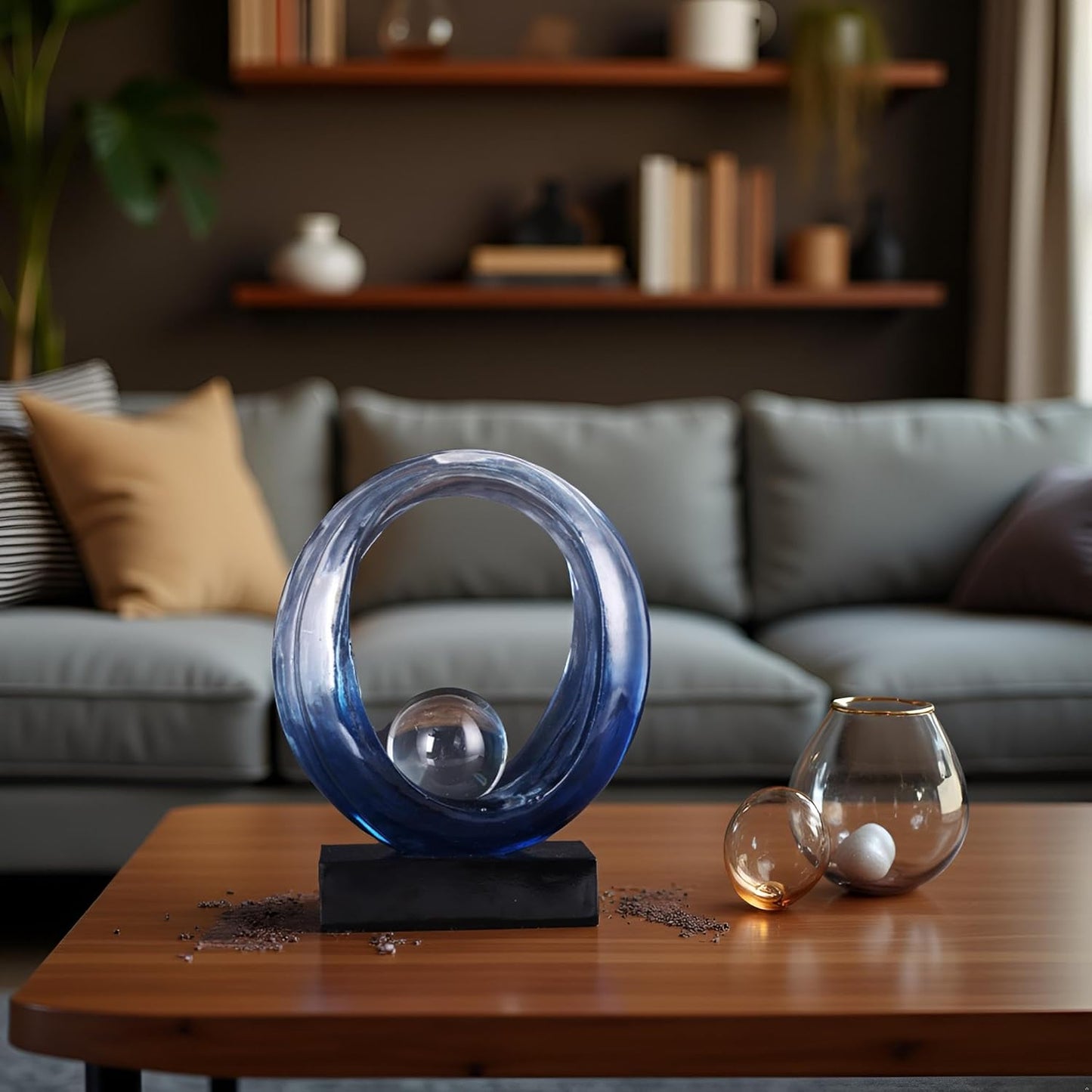 Golden Wave Resin Origami Statue, Modern Abstract Home Decoration Emphasizes Abstract Design for Office Desk, Carving Table, Family Bedroom, Living Room,Office Golden Stripe Decor (Blue)