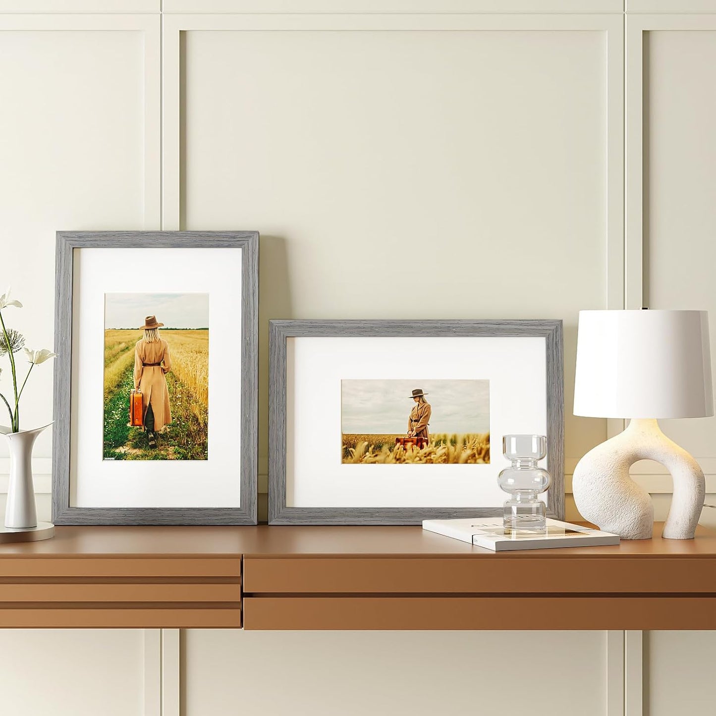 Egofine 8x12 Picture Frames Set of 4, Made of Solid Wood Covered by Plexiglass 5x7 and 6x8 with Mat or 8x12 without Mat, for Table Top Display and Wall Mounting Photo Frame Light Grey