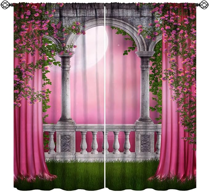 Pink Gothic Blackout Curtains，Vintage Romantic Roses Medieval Castle Pattern Drapes Window 2 Panel Rod Pocket Curtain for Bedroom Living Room Decor 31.5" W X 72" L