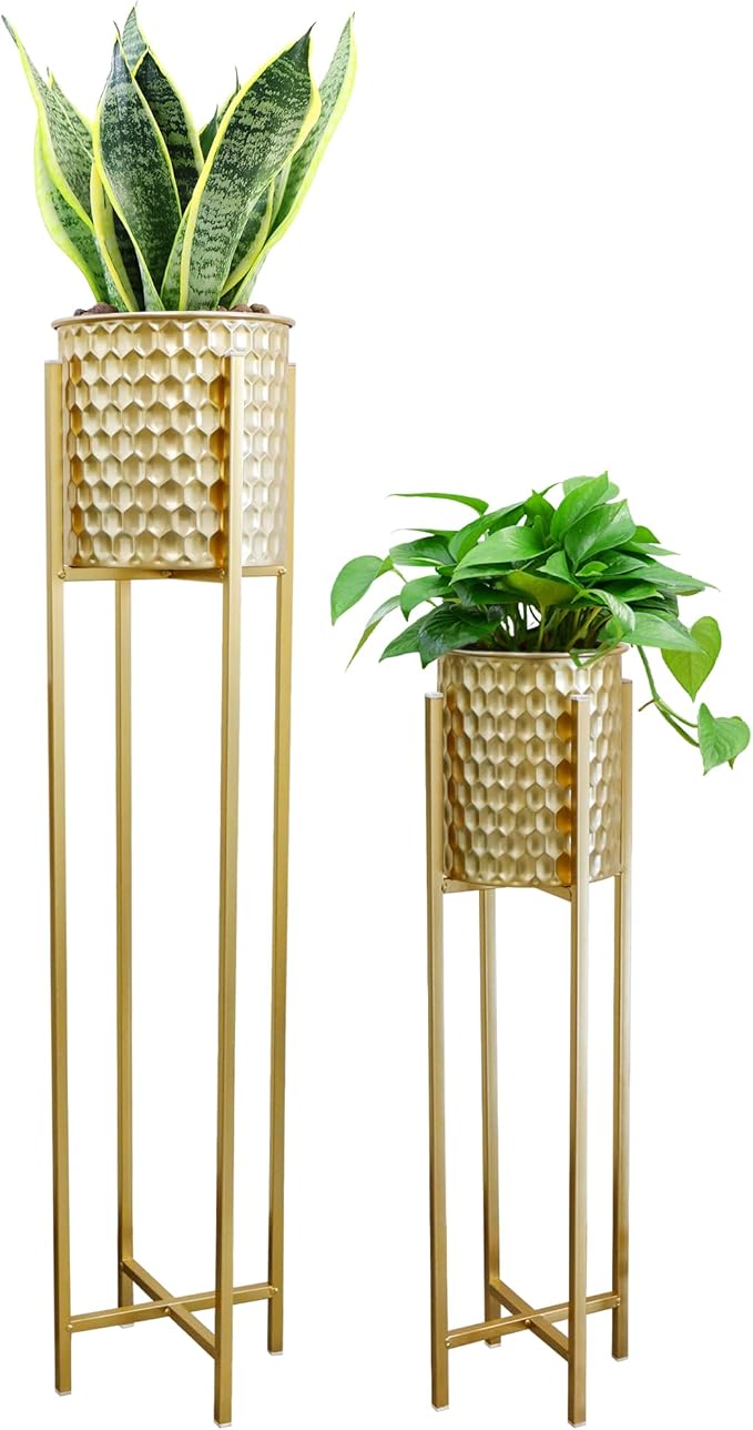 TRIROCKS Set of 2 Planters with Stand Indoor Outdoor Metal Gold Planters for Indoor Plants 30 &40" Tall Morden Planters Flower Pots for Living Room Corner Kitchen Office Garden Balcony Patio Decor