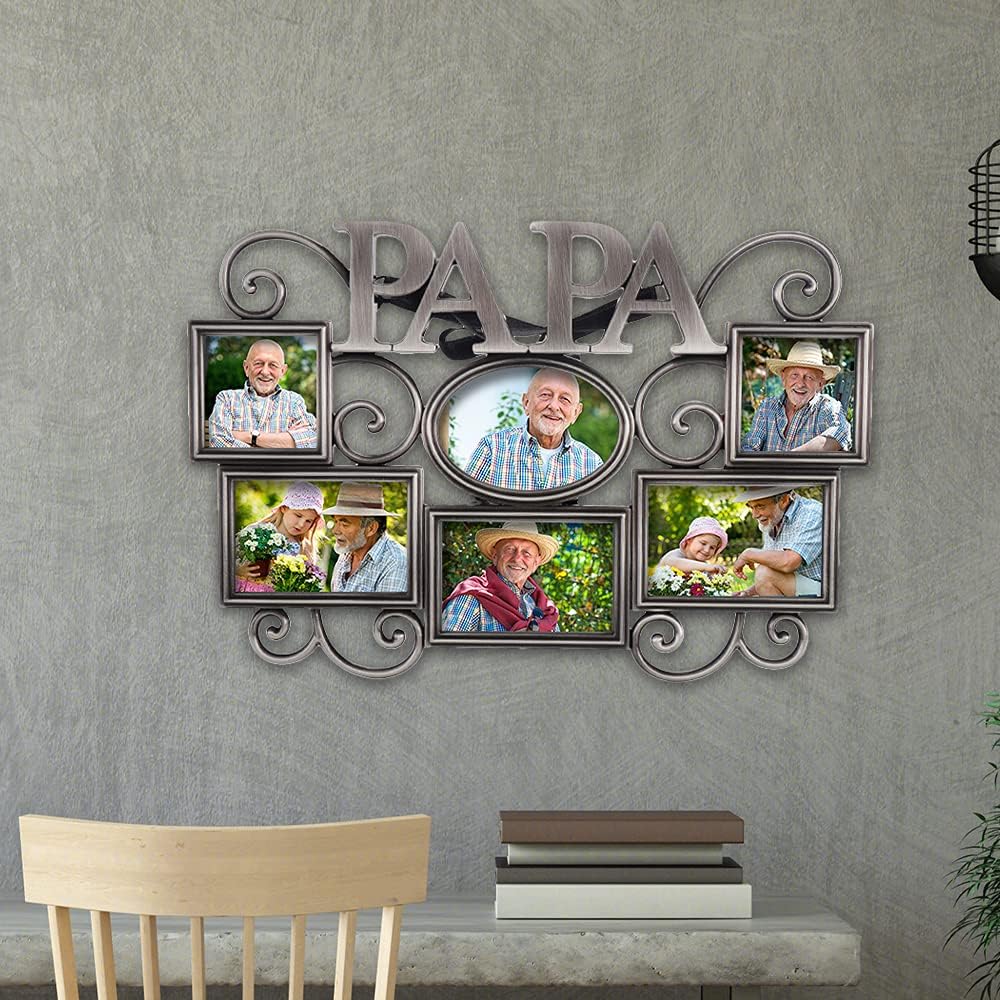 LASODY Papa Picture Frame,Cherish Every Memory,6 opening photo collage,Antique Silver,Father Day GiftsLasody Fathers Day And Mothers Day Collage Picture Frame (3”X2“+2“x2", Papa)