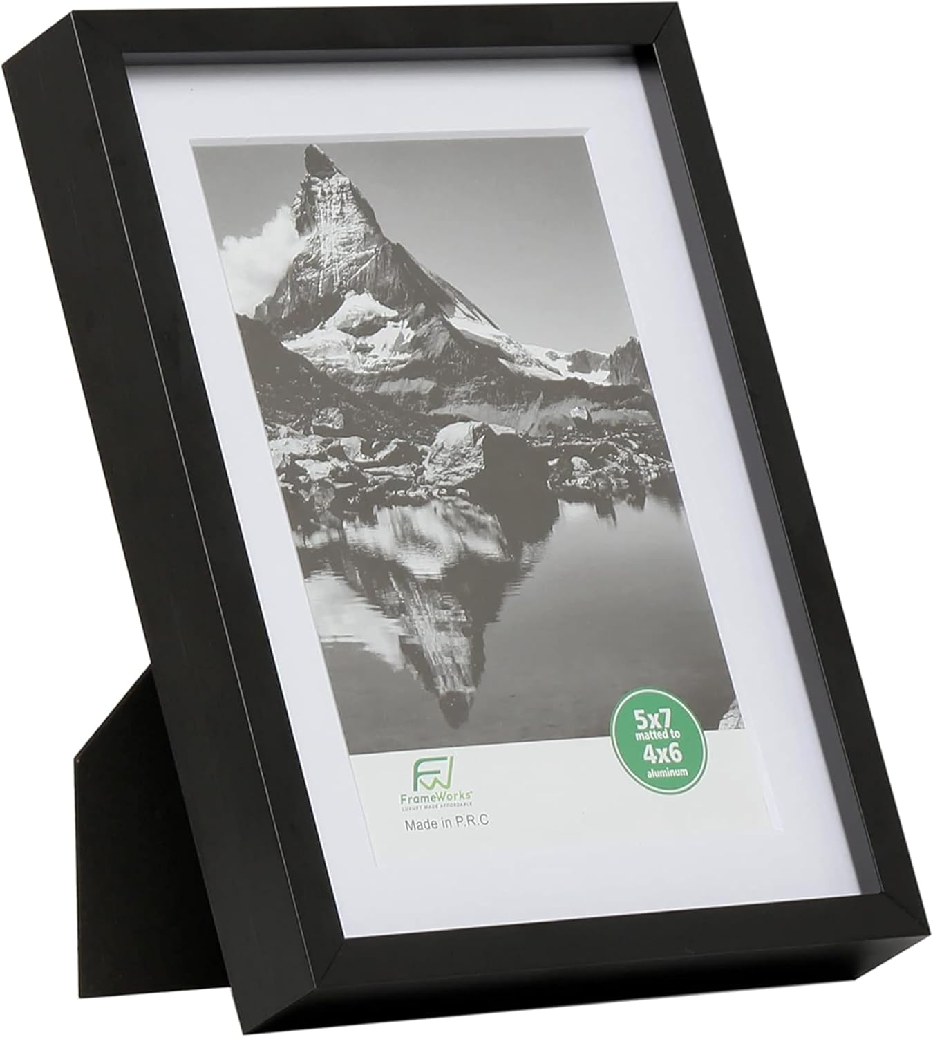 FrameWorks 5x7 Matted to 4x6 Picture Frame – Aluminum Frame w/Tempered Glass, Removable Mat for Photos, Posters, Art, Stylish Wall Frame for Home Decor, Gallery Walls, Office, Living Room - Black