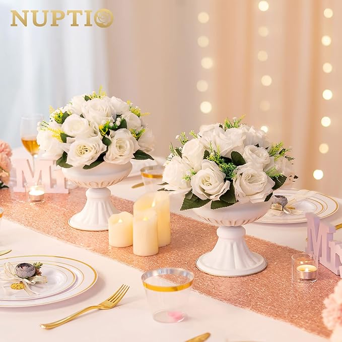 Nuptio White Vases for Centerpieces Wedding - 2 Pcs 6.7in Height Metal Urn Planter Elegant Wedding Centerpieces for Tables - Trumpet Vase for Weddings Party Decoration Centerpiece Table Decorations