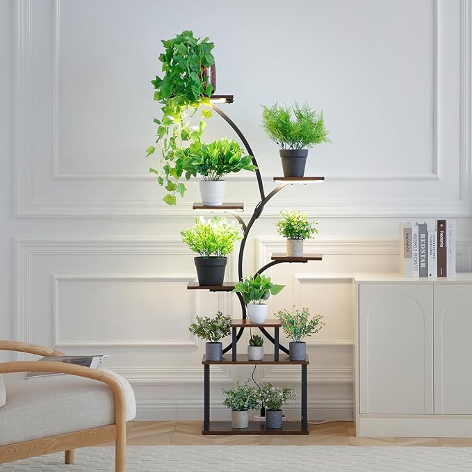 Plant Stand Indoor with Grow Light,8 Tiered Tall Plant Shelf for Multiple Plants, 62.2" Tall Plant Stands for Indoor Plants, Wooden Display Rack Holder, S-Shaped Plant Rack, Corner Flower Stand for Living Room, Garden, Patio
