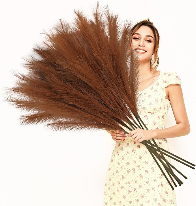 35" Faux Pampas Grass Decor, 8pcs Large Tall Fluffy Artificial Pompous Grass Branches Floral Fake Pompas Grass Bulrush Floor Vase Filler Flower Arrangement for Home Wedding Boho Decor, Brown
