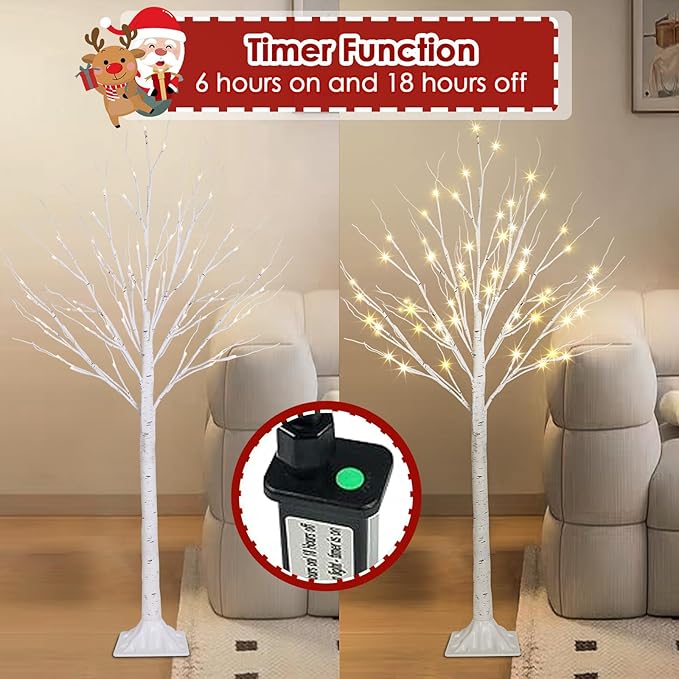 2-Pack 4FT Lighted Birch Tree for Indoor Christmas Decorations Outdoor, Higher Size, Timer Function Birch Christmas Tree with 96 LED Warm White Lights for Home Decor Bedroom Thanksgiving Party Garden