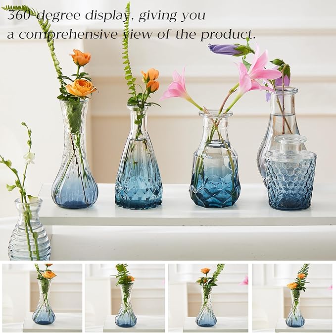 Glass Bud Vase Set of 30 - Small Vases for Flowers in Bulk - Assorted Vintage Crystal Vases for Flowers, Table Centerpieces (Blue, 30 Pcs)