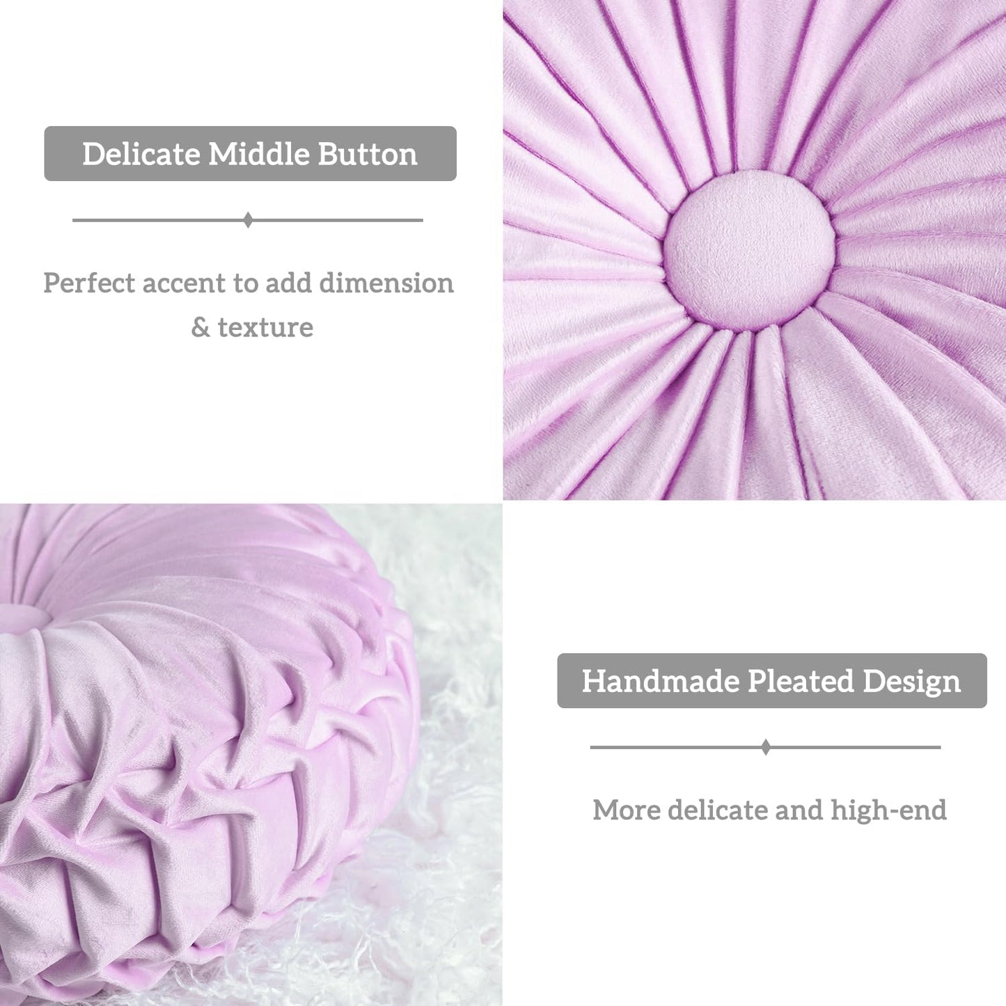 HIG Set of 2 Decorative Round Pleated Throw Pillows,Classy Accent Pumpkin Throw Pillows with Center Button,Vintage Velvet Floor Pillows for Sofa Vanity Chair Bed,Light Purple,14.7" Diameter(Ripple)