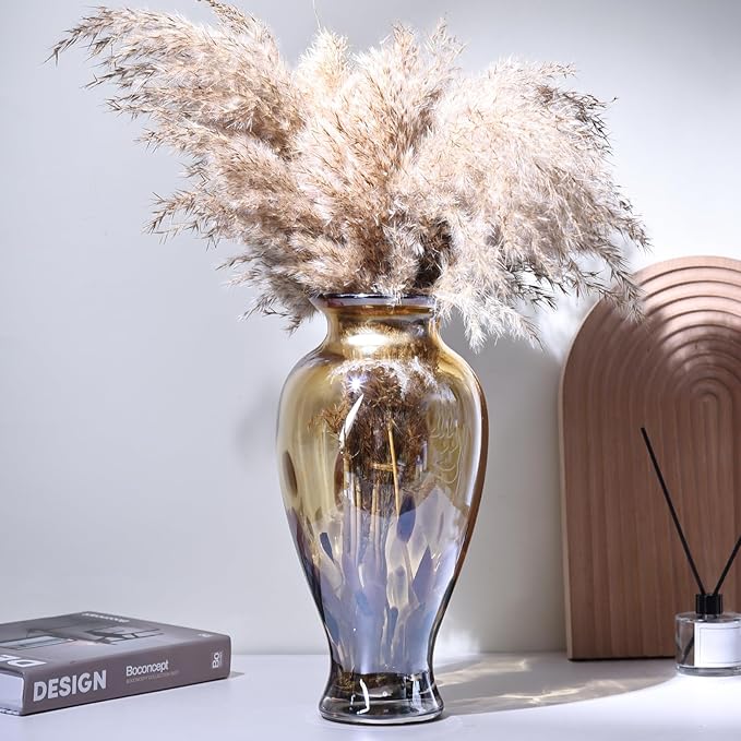 11.8" Tall Blown Amber Gold Glass Vase, Amber Opaque Glass Vase, Unique Design Wide Mouth Art Decoration for Home, Living Room, Dining Table, Pampas Grass Decor (Amber Gold)