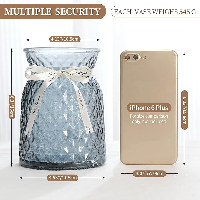 SOJOCK 2PACK Glass Flower Vases(Flowers NOT Included),6.3" High Diamond Pattern Vases,Vintage Vases for Centrepieces,Wedding Decorations,Home Table Flower Decorations