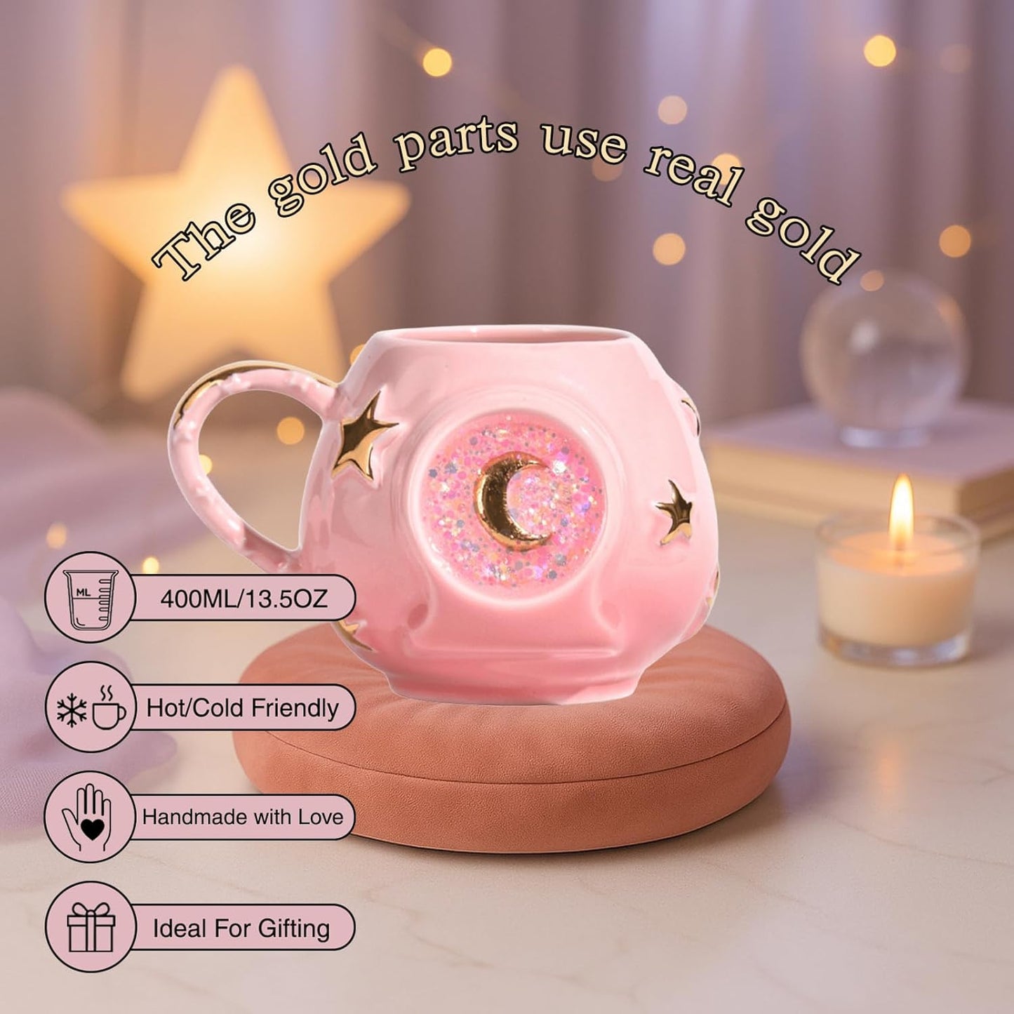 Handmade Coffee Cup 400ML with Fancy Tarot Star/Moon Design, Fashion Starry Sky Ice Coffee Cup, Gradient Pink Pottery Tea Cup for Home/Office (pink)