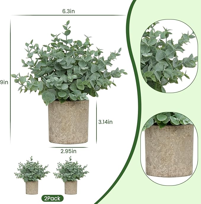 2 Pack Small Fake Plants, Artificial Eucalyptus with Gray Paper Pulp Pots, Small Potted Faux Greenery for Home Decor Indoor, Bathroom, Shelf, Office, Desk, Farmhouse Room Decoration