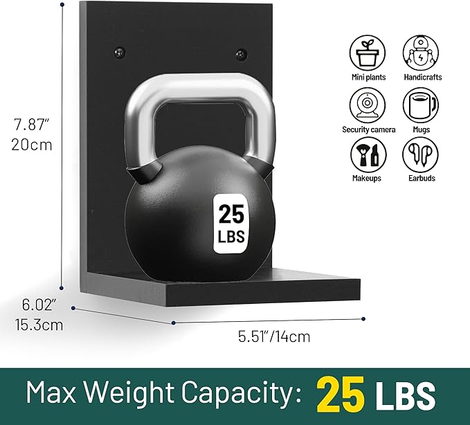 Small Wall Shelf,L-Shaped Small Floating Shelves for Plants Speaker Table Lamp Display,Wooden Ledges Indoor Modern Midcentury Decorative for Gallery Living Room Bedroom Porch,Pine,2 Pack(Black)