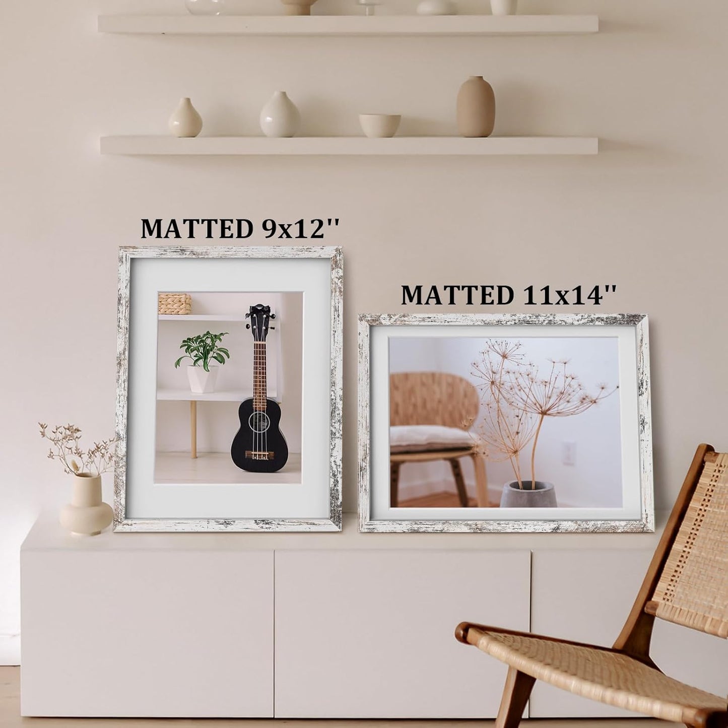 Egofine 12x16 Picture Frames Set of 4, Made of Solid Wood Covered by Plexiglass 9x12 and 11x14 with Mat or 12x16 without Mat, for Wall Mounting Photo Frame Rustic White