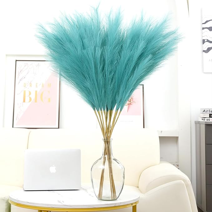 38" 10 Stems Faux Pampas Grass Decor - Tall Pampas Grass for Floor Vase Fluffy Artificial Pampas Grass for Boho Home Wedding Mothers Day Decoration（Lake Blue）