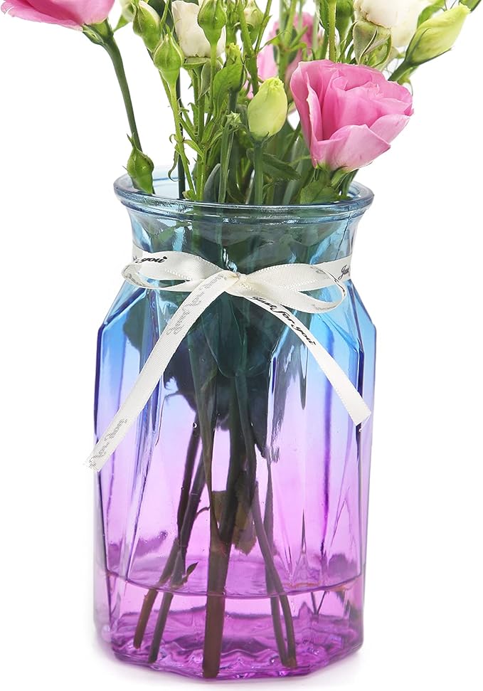 OFFIDIX Flower Vase, Gradient Multicolor with Geometric Faceted Design Art Decorative Glass Vase for Wedding, Dinning, Bookshelf, Home Decoration or Gift