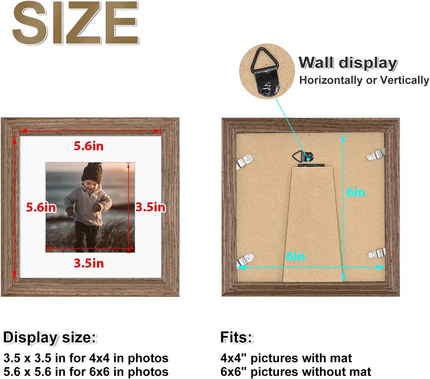 KINLINK 6x6 Picture Frame, Brown Square Solid Wood Frames for Pictures 4x4 with Mat or 6x6 without Mat, Wall and Tabletop Display Photo Frames Brown Wood 4 Pack