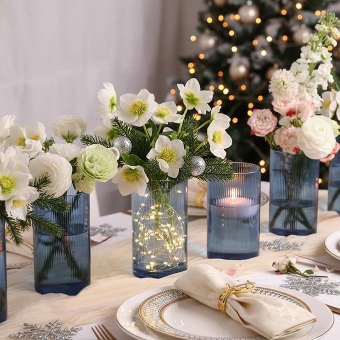 Glass Ribbed Cylinder Vase Set of 6, Bud Vase for Wedding Centerpieces, Clear Ribbed Glass Flower Vase, Hurricane Floating Candle Holder 4 Inch, Decorative Vases for Home Decor(Blue)