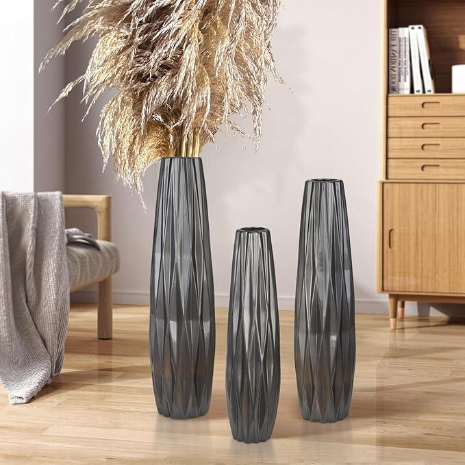 Silvery Ceramic Tall Floor Vase,28 Inch Large Modern Flower Vases for Home Décor,Wicker Big Floor Vase Decorations for Farmhouse, Living Room,Bedroom,Standing Plastic Vase Decorative Tall