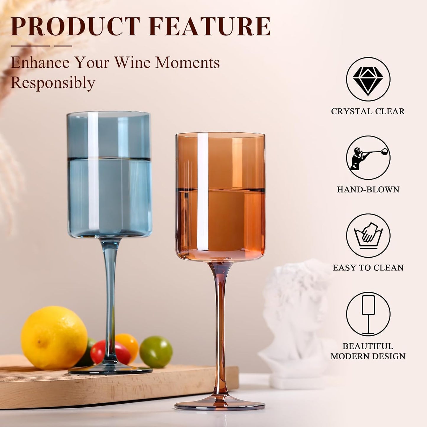 Colored Square Wine Glasses Set of 6, 14oz【Hand Blown】 Colorful Crystal Wine Glasses with Stem - Unique Muticolor Glasses Gifts for Birthday Women Party