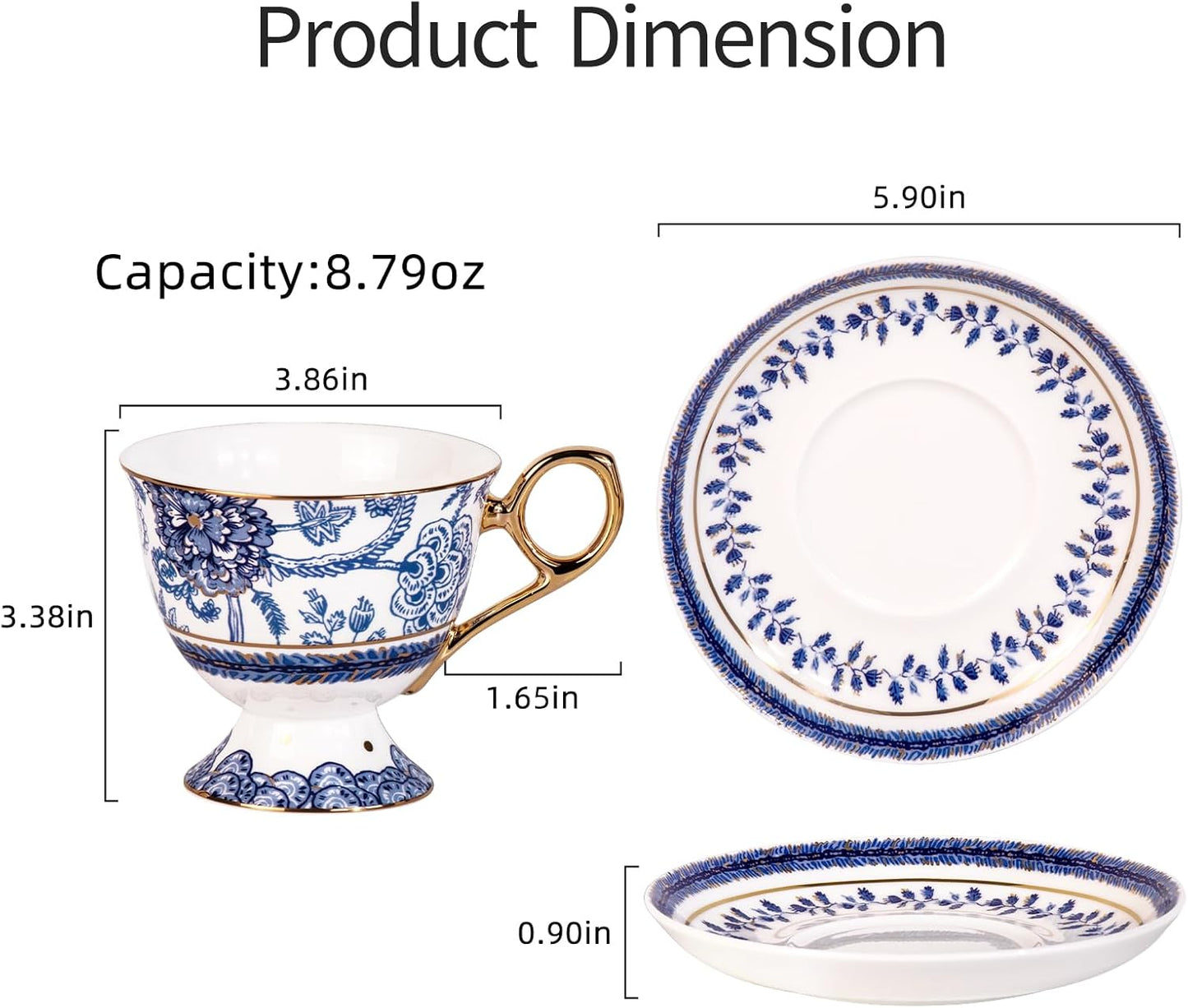 KAMMAK Tea Cups and Saucers Set of 2, Fine Bone China Coffee Cups, 8.5-Ounce Stackable Espresso Mugs, Ceramic Demitasse for Coffee, Cappuccino, Latte, Americano, Tea, Tall Navy