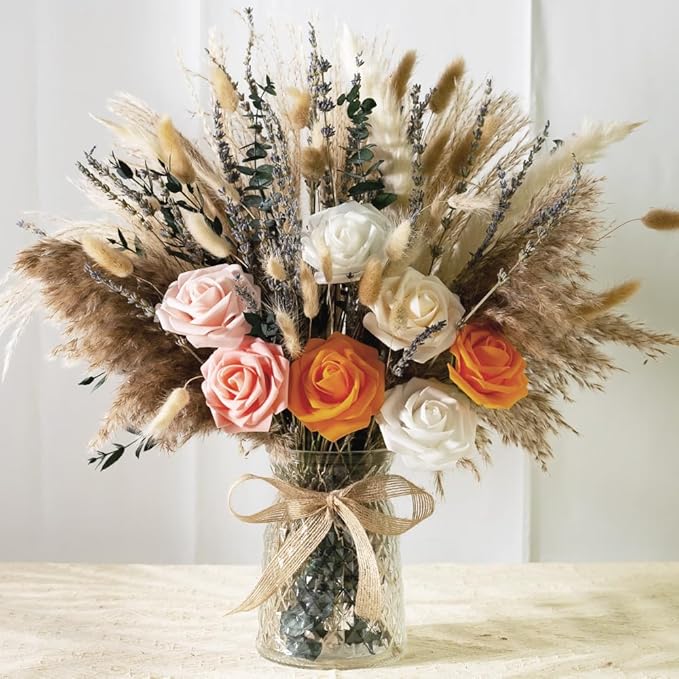 107pcs Natural Dried Pampas Grass Decor with Vase Artificial Flowers in Vase Boho Home Decor Bouquet Bunny Tails Dried Flowers, Reed Grass Bouquet for Wedding Floral Arrangements (107pcs)