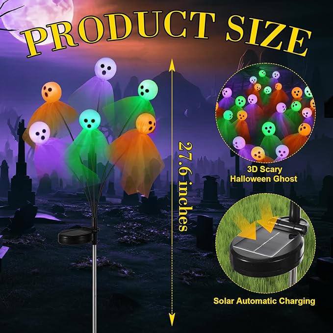 VIHOSE 2 Packs Halloween Solar Lights Outdoor 12 LED Solar Ghost Pathway Lights Waterproof Spooky Ghost Path Light Outdoor Halloween Decorations for Outside Garden Lawn Yard Decors (Colorful)