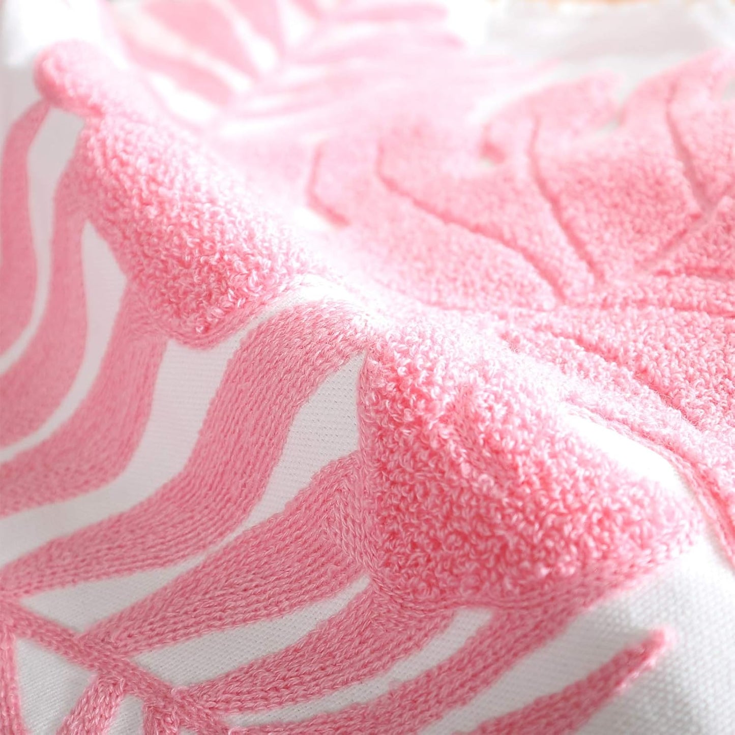 Embroidery Throw Pillow Cover 18x18 Home Decor Floor Pillow Cover for Couch Sofa Chair 100% Cotton Loop Embroidered Pink Tropical Leaves Cushion Cover Square Pillowcase 45x45cm, 1 Piece