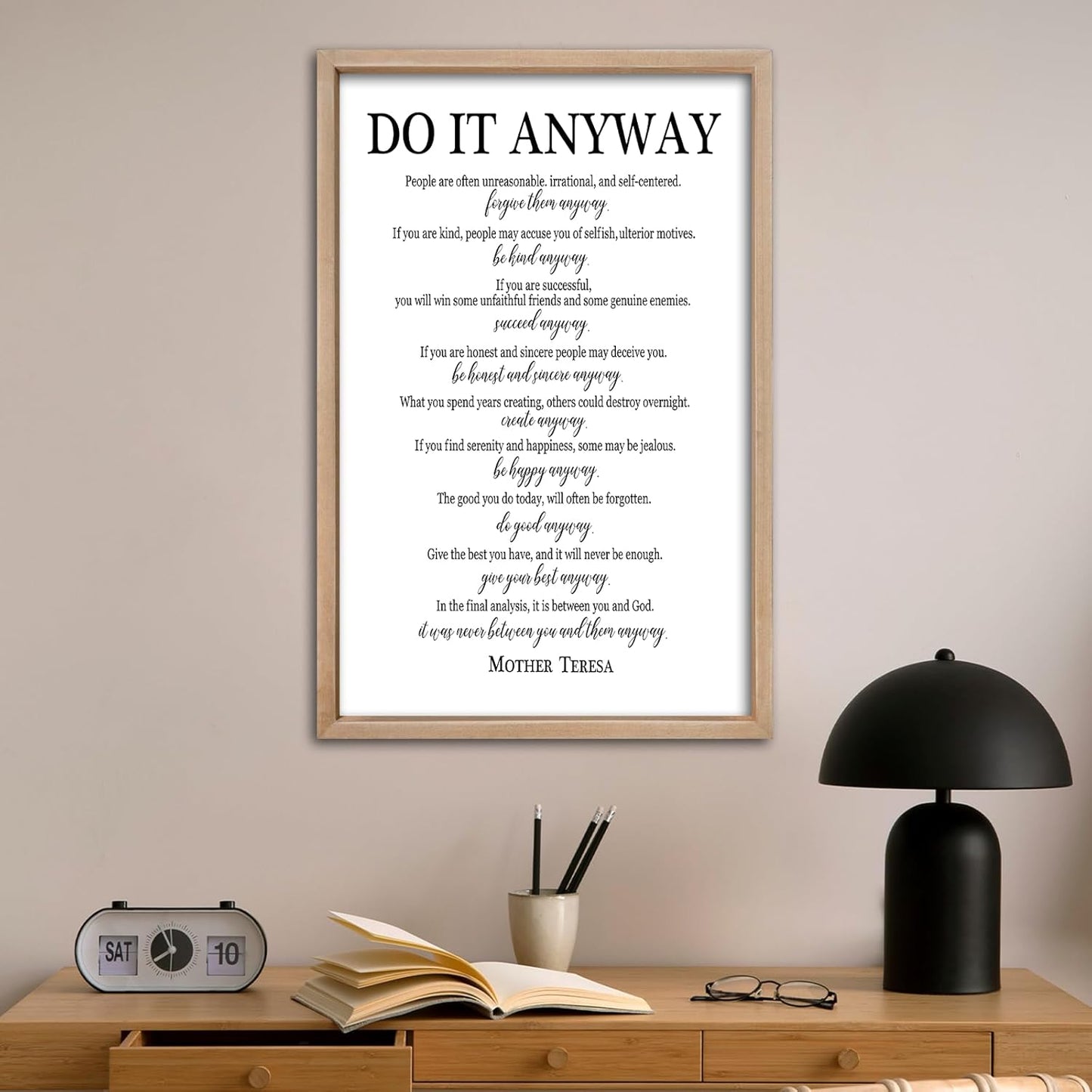 comurdyo Do It Anyway Wall Decor 24"x16" Mother Theresa Quotes Inspirational Sign Bible Verse Christian Motivational Modern Bedroom Vintage Wood Framed Farmhouse Wall Hanging Art (Wood)