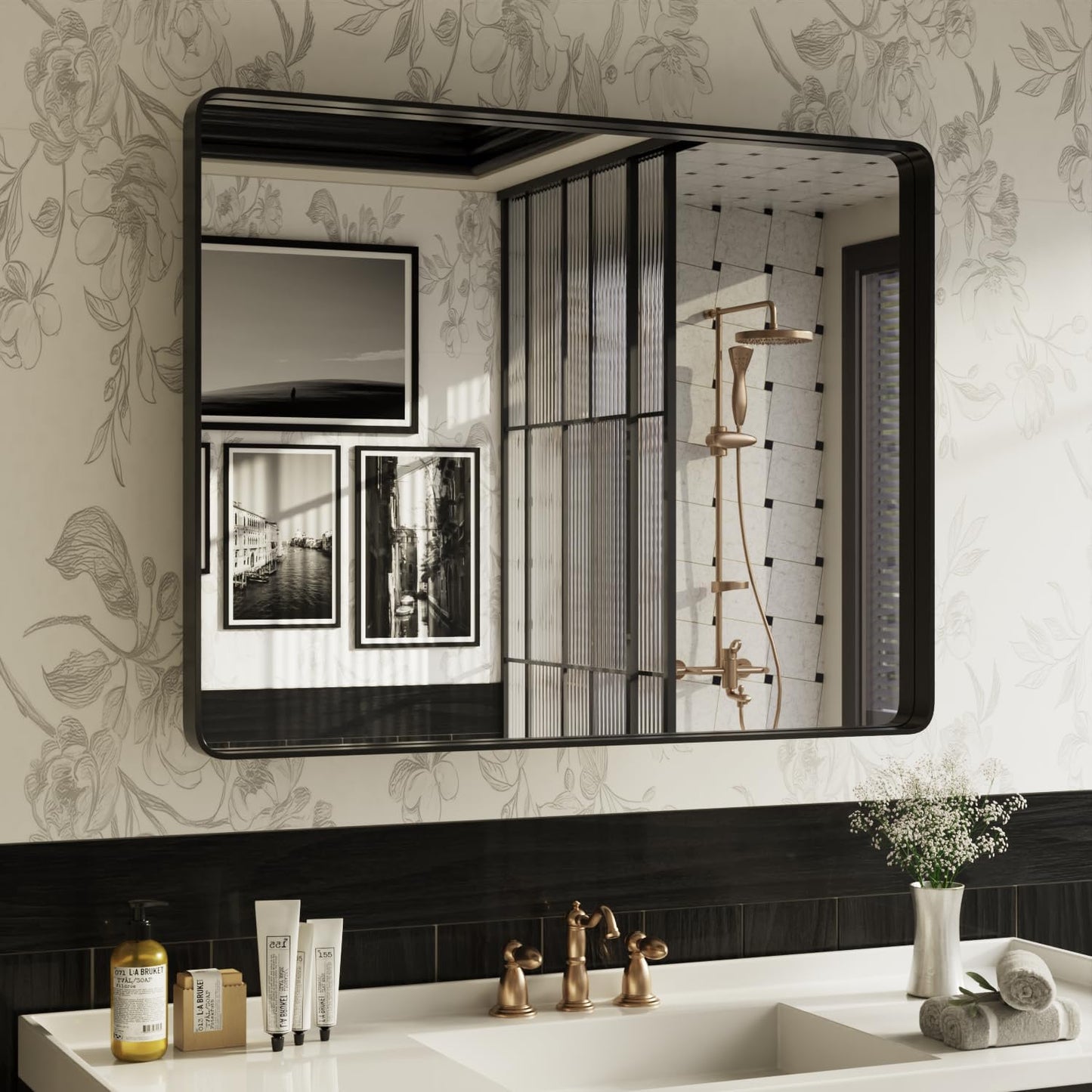 ISKM Black Bathroom Mirror for Wall 44" x 32" Matte Black Framed Vanity Mirror, Shatter-Proof, Tempered Glass, Rounded Rectangle Mirror(Horizontal/Vertical)