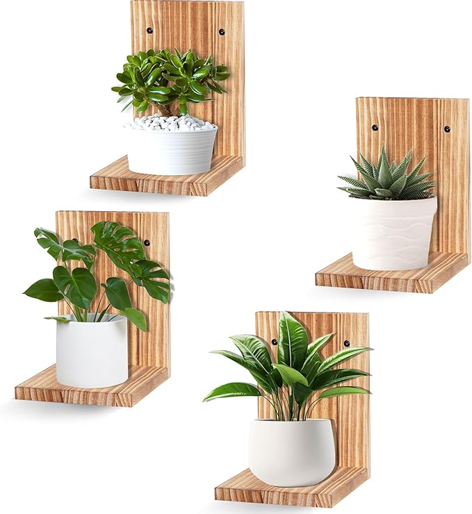 Small Wall Shelf Modern,Wooden Mini Floating Shelves,Indoor Wall Mounted Plants Shelf L Shaped,Midcentury Display Decorative Holder for Gallery Living Room Bedroom Porch,Pine,4 Pack(Carbonized Brown）