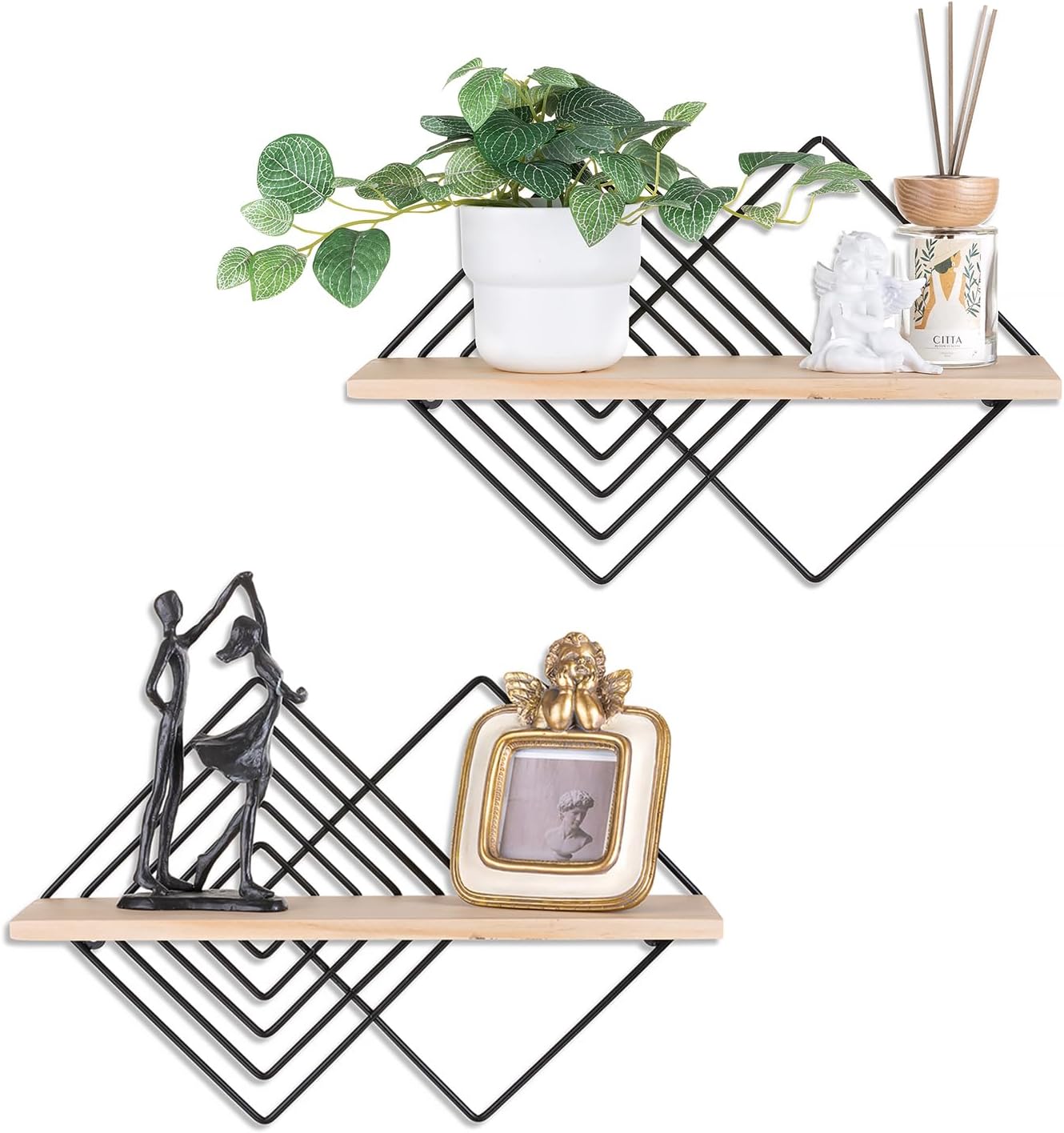 Floating Shelves Modern Geometric - Bedroom Wall Shelf Black Hanging Shelf Wooden Shelves Decorative Wall Mounted Metal Decor Plant Display Set of 2